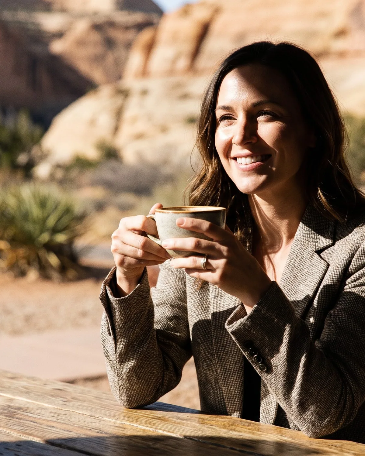 Mujer sonriendo con un café en una terraza soleada