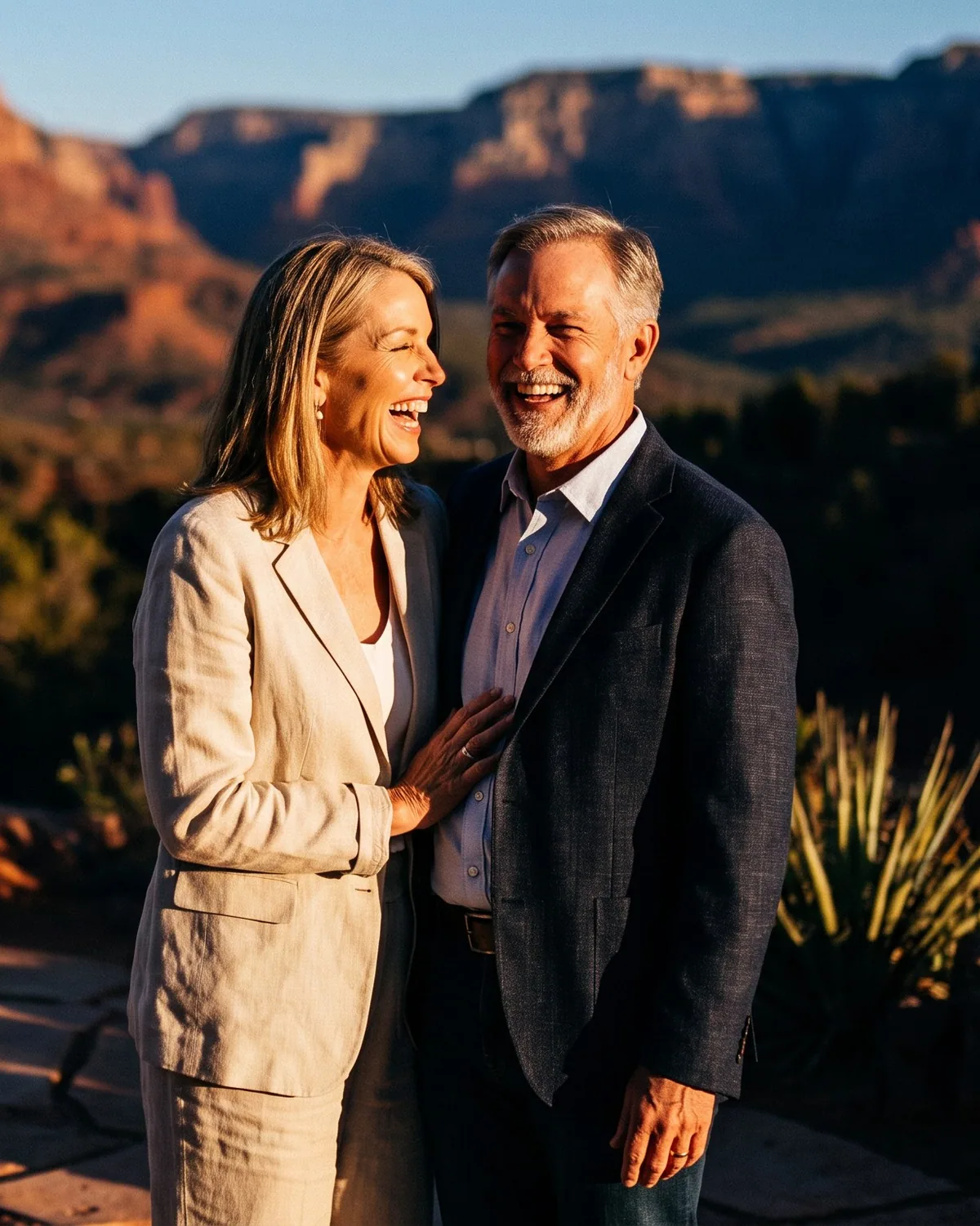 Pareja riendo en un patio al atardecer en el sur de Utah