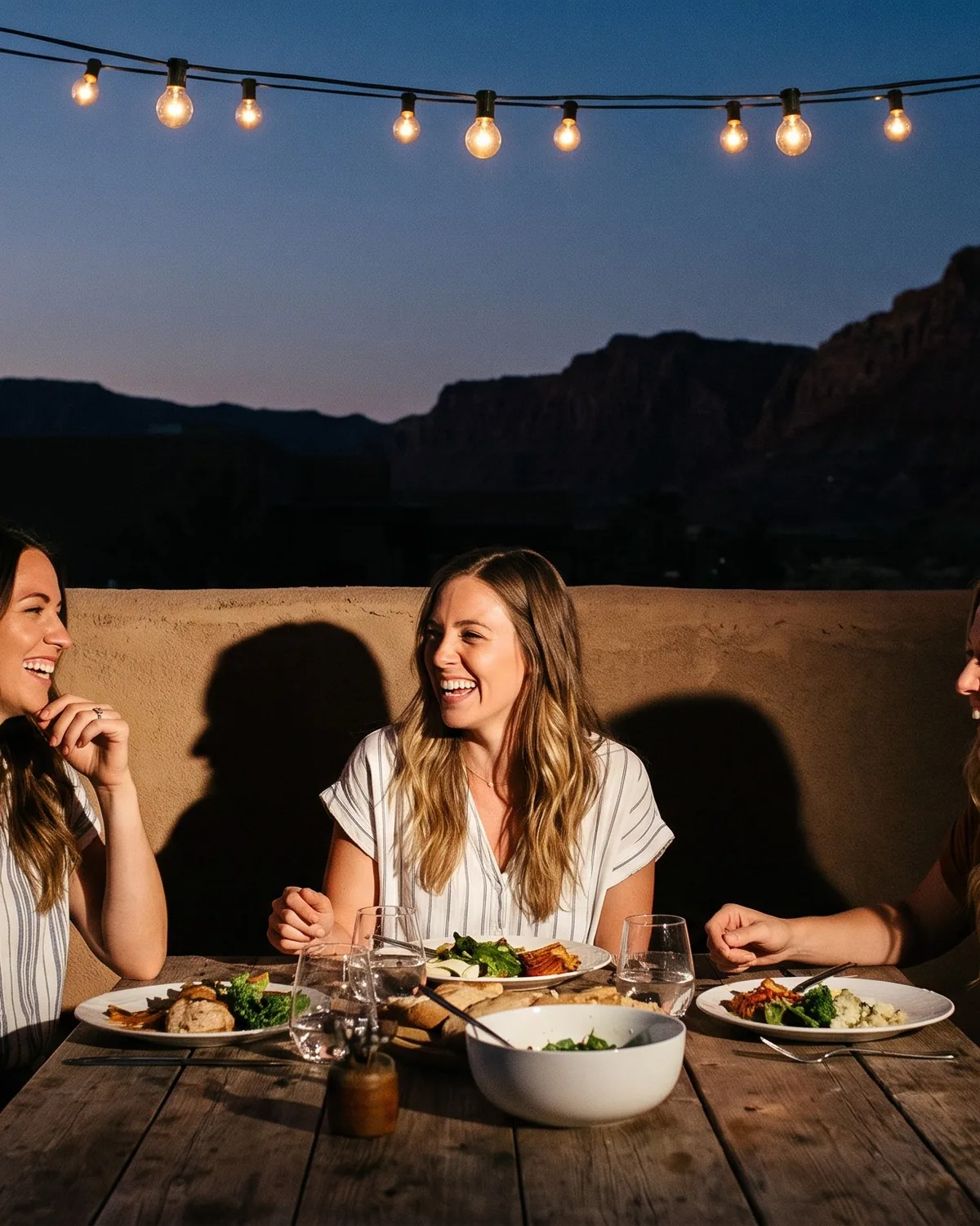 Amigas riendo durante una cena al aire libre en el desierto