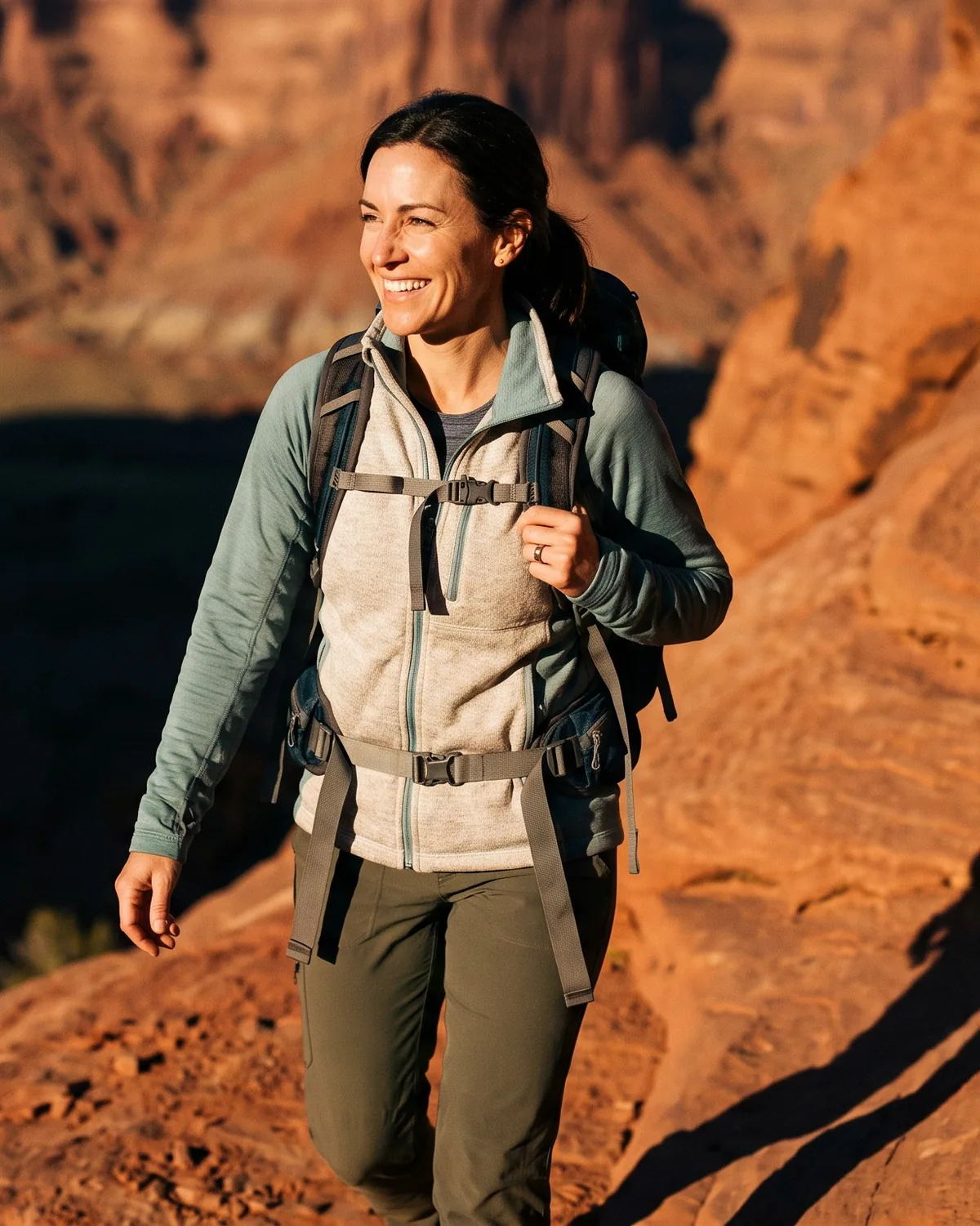 Mujer sonriendo en un sendero de roca roja en el sur de Utah
