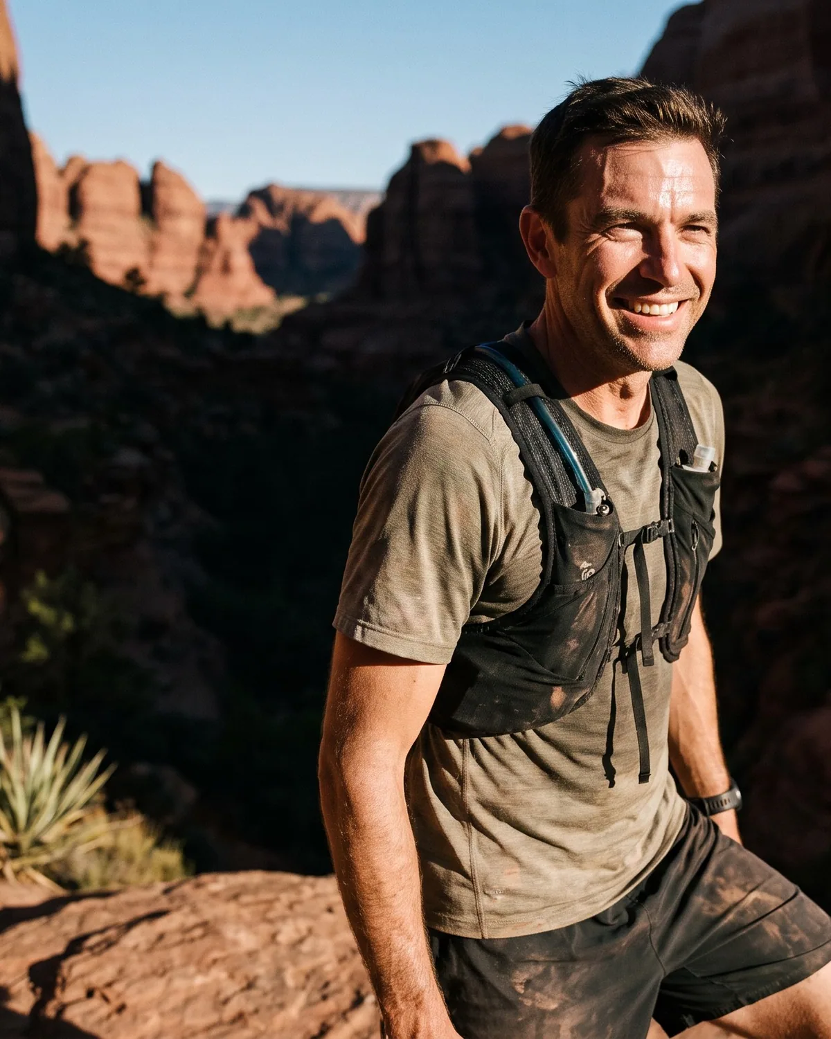 Hombre sonriendo después de correr por senderos de roca roja